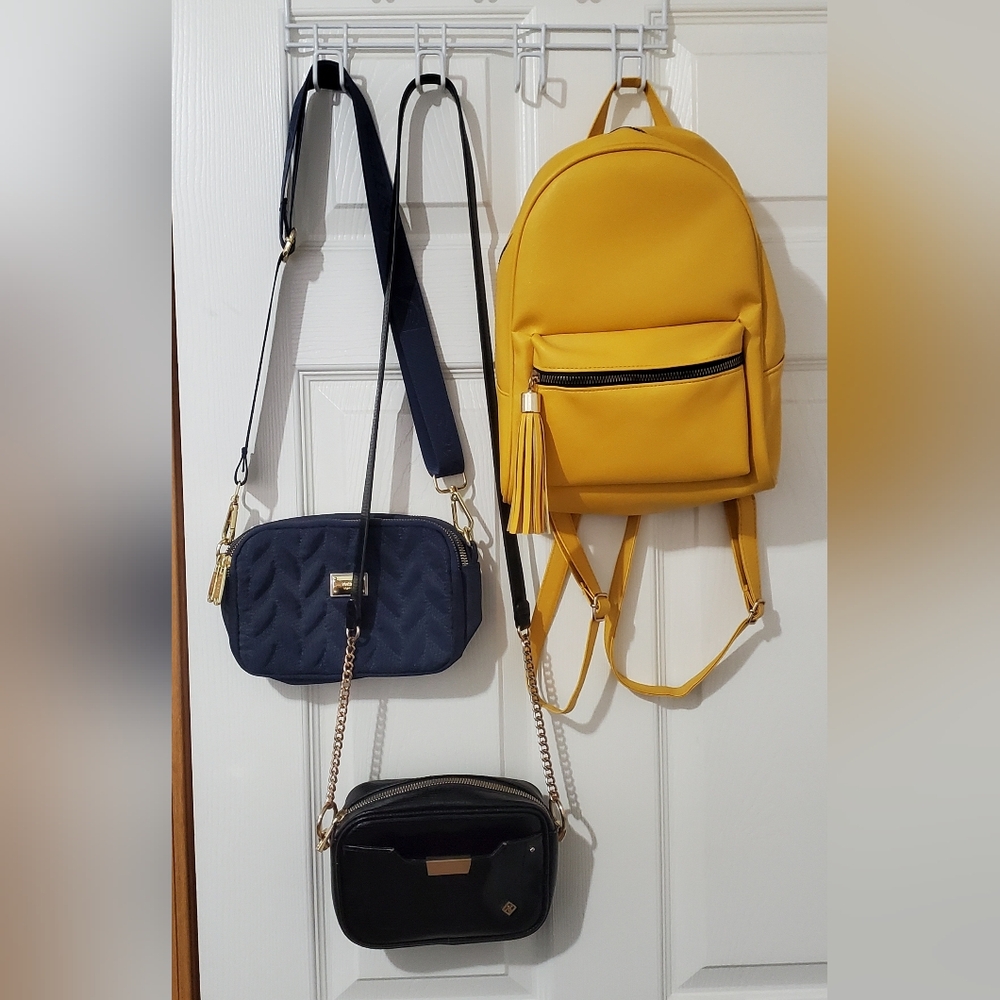 Bundle Of Yellow Backpack, Black & Blue Crossbody Bags